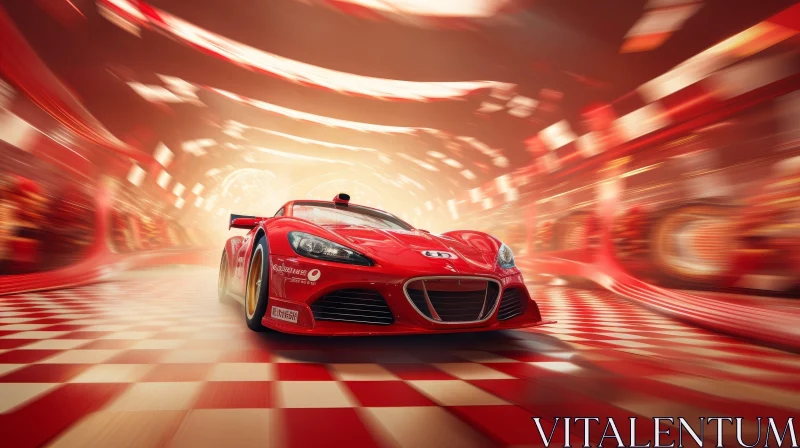 Red Sports Car Racing Down Checkered Track AI Image