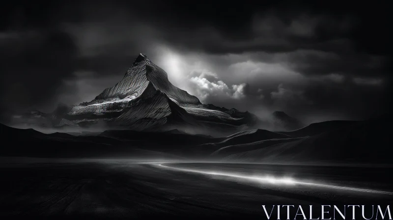 Snow-Covered Mountain Landscape in Black and White AI Image