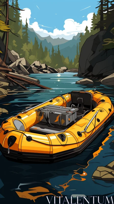 AI ART Tranquil Nature Scene with Yellow Inflatable Boat on River