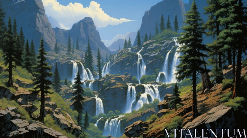 AI ART Tranquil Waterfall Landscape with Mountains and Trees
