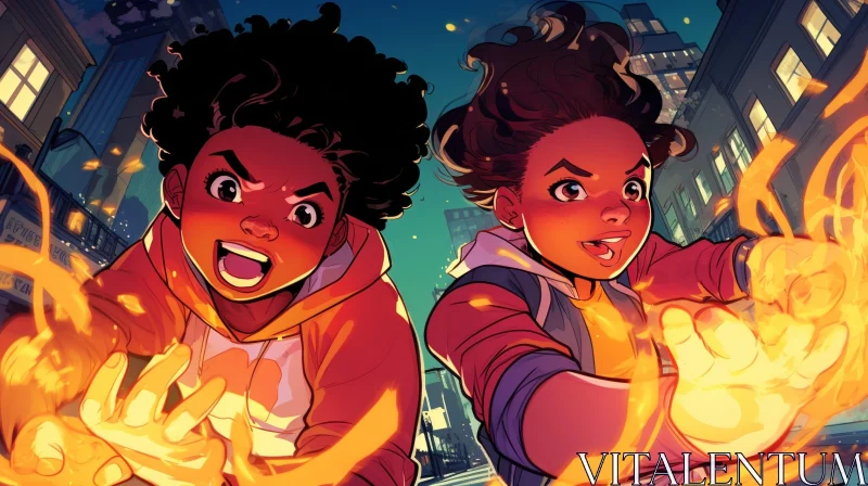 Young African-American Superheroes in Fiery Cityscape AI Image
