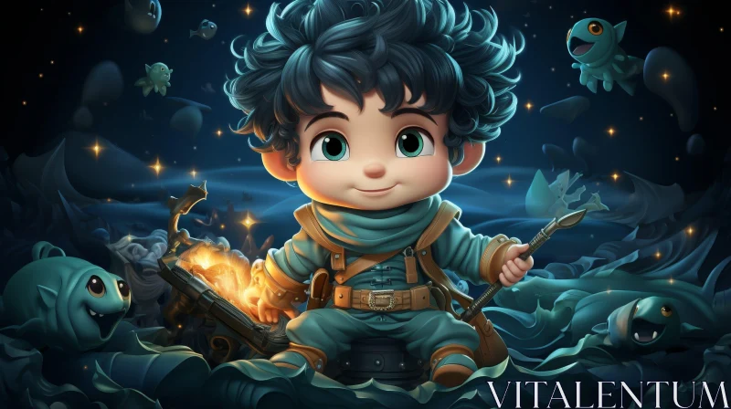 Young Boy on Treasure Chest in Ocean AI Image