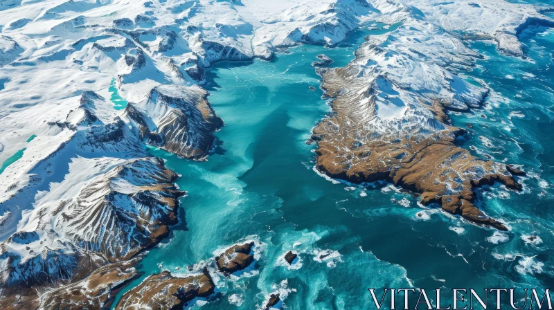 Aerial View of Snow-Capped Mountains and Fjord AI Image