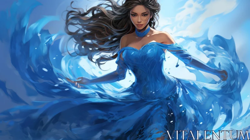 Beautiful Woman in Blue Dress Painting AI Image