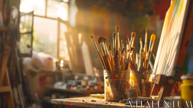 AI ART Captivating Artist's Studio: Paintbrushes, Palette, and Canvas