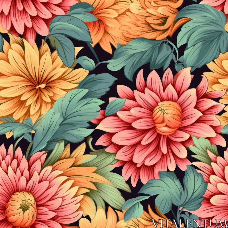 Chrysanthemum Floral Pattern - Dark Background AI Image