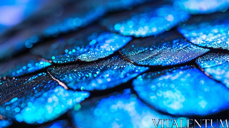 Close-Up of Blue Butterfly Wing with Sparkling Water Droplets AI Image