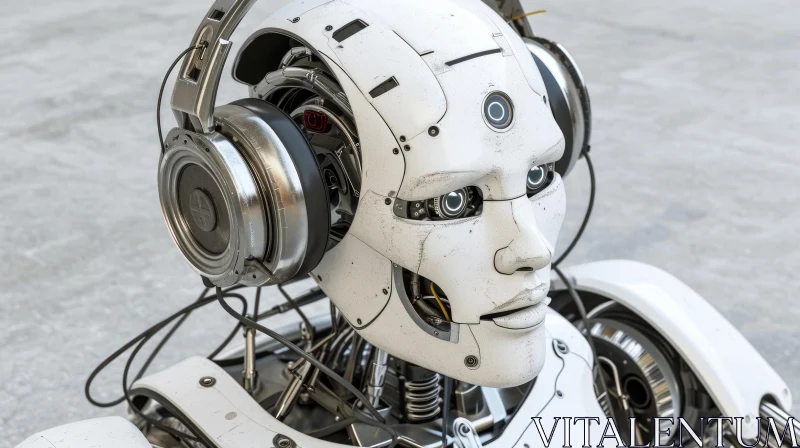 Close-Up Photograph of a White Robot Head with Headphones AI Image
