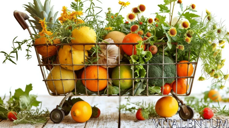 AI ART Colorful Fruits and Vegetables in a Metal Shopping Cart
