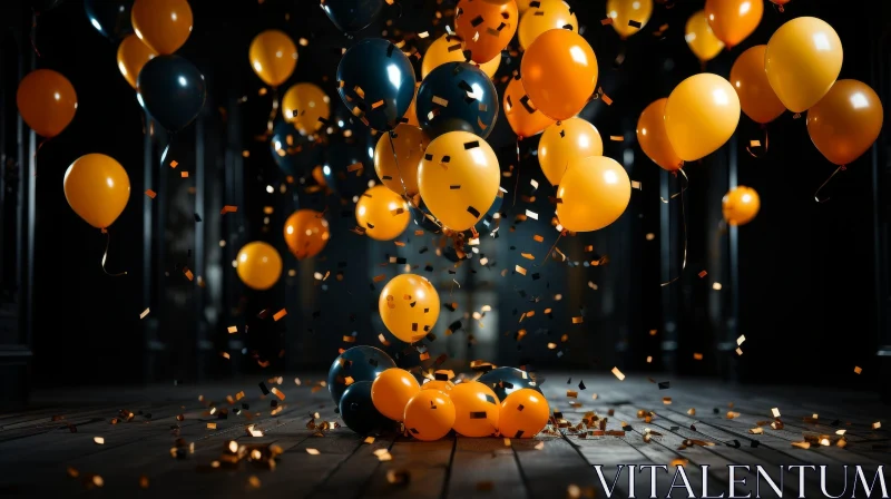 Dark Room Balloons and Confetti Scene AI Image