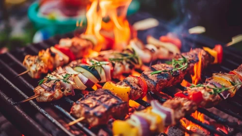 Delicious BBQ Grill with Beef and Chicken Skewers