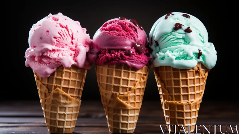 Delicious Ice Cream Cones on Wooden Surface AI Image