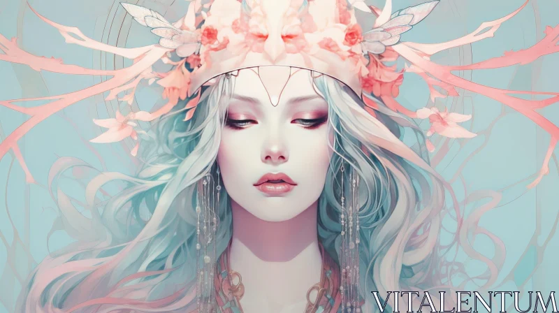 AI ART Elegant Woman Portrait with Pink Flowers Crown