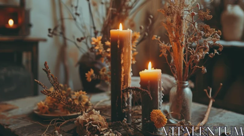 Enchanting Still Life: Burning Candles and Dried Flowers on a Table AI Image
