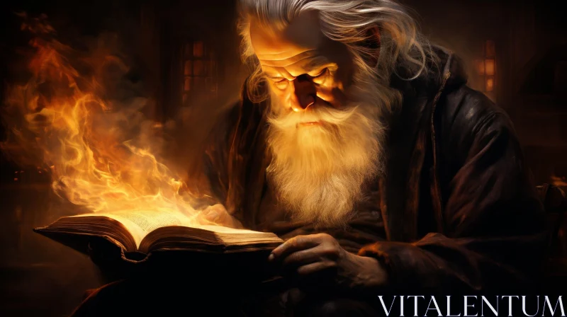 Enigmatic Elderly Man Reading Flaming Book AI Image