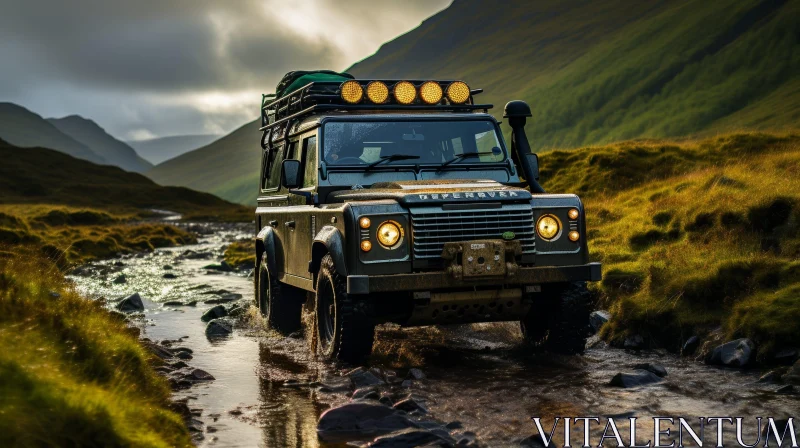 Exploring the Wild: Land Rover Defender Off-Road Adventure in Scottish Highlands AI Image