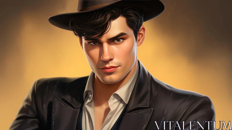 Intense Portrait of a Young Man in Brown Hat and Black Suit AI Image