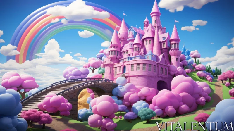 Pink Castle with Rainbow - Fantasy Art AI Image