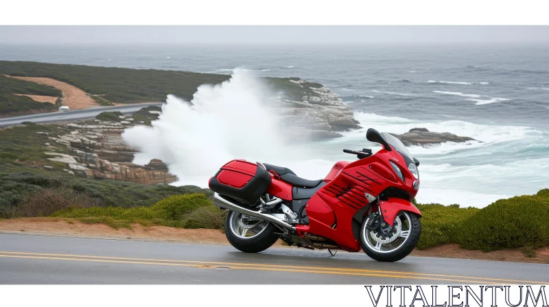 Red Kawasaki Concours 14 Motorcycle on Coastal Road AI Image