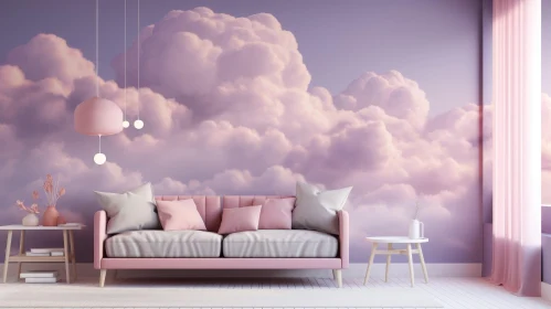Serene Living Room with Pink Sofa and Artwork