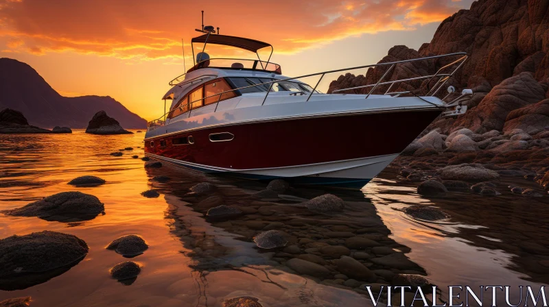Spectacular Sunset Scene with White and Red Yacht in a Bay AI Image