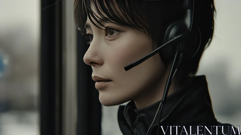 Young Woman Wearing Headset | Serious Expression AI Image