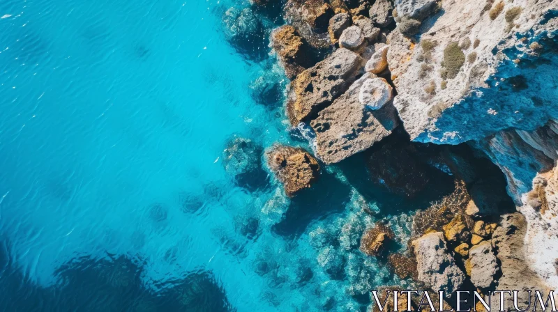 Aerial View of Rocky Coastline with Clear Blue Water AI Image