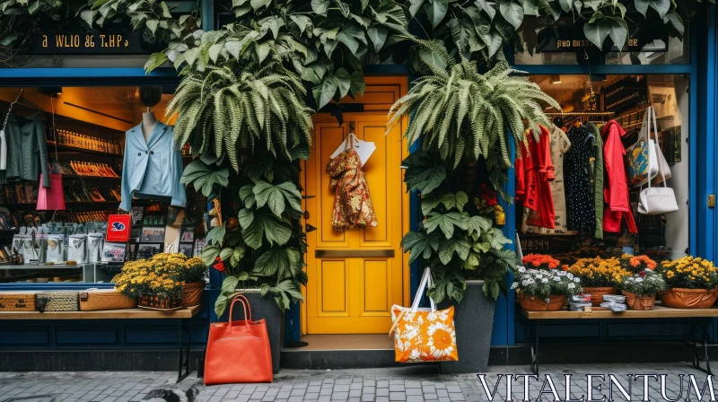 Charming Storefront with Vibrant Door and Stylish Windows AI Image