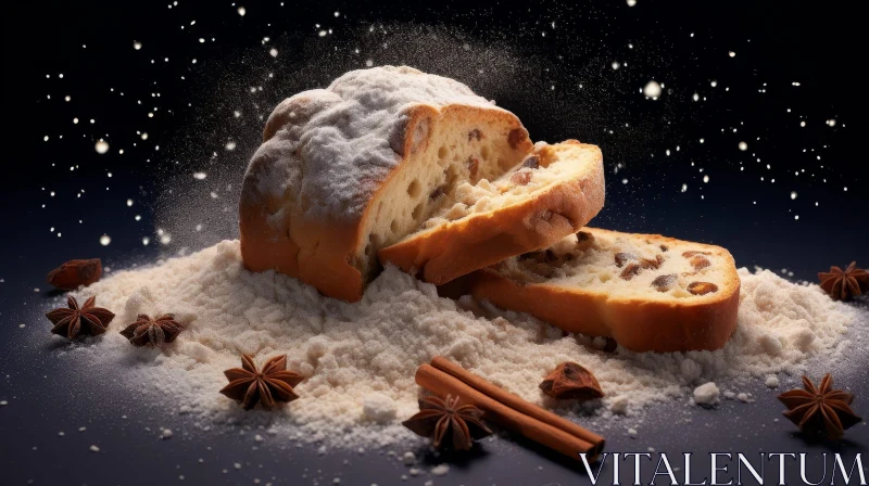 Christmas Stollen with Powdered Sugar on Dark Blue Background AI Image