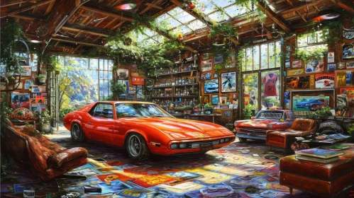 Classic Car Garage with Red Sports Car and Blue Vintage Car