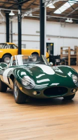 Classic Green Sports Car - Jaguar E-Type Lightweight in Garage