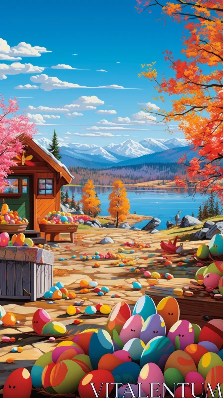 Colorful Cabincore Scene with Vibrant Mountainous Vistas AI Image