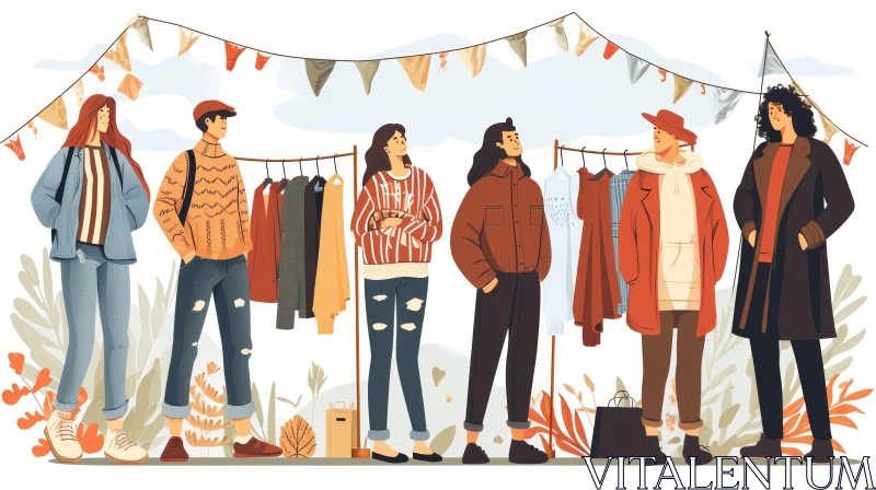 Colorful Cartoon Street Market Scene with Clothes and People AI Image