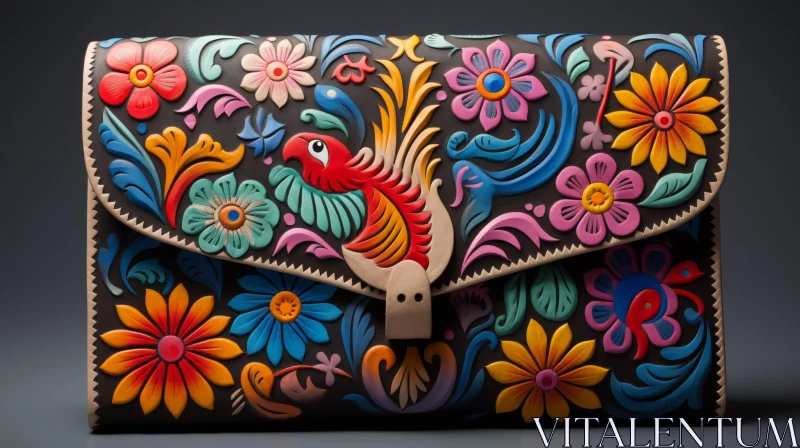 AI ART Colorful Leather Clutch with Parrot and Flowers Design