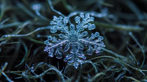 Delicate Snowflake on Dark Blue Background: A Captivating Winter Image