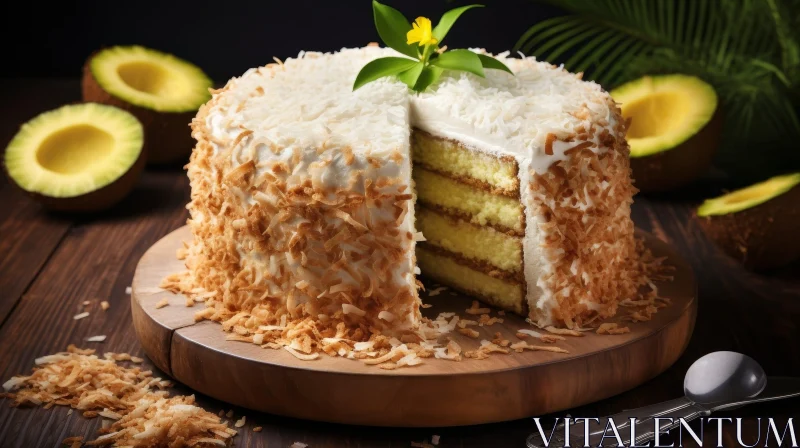 AI ART Delicious Coconut Cake Photography on Wooden Table