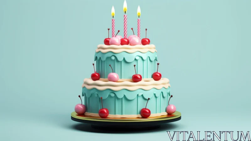 Delicious Two-Tiered Birthday Cake with Cherries and Candles AI Image