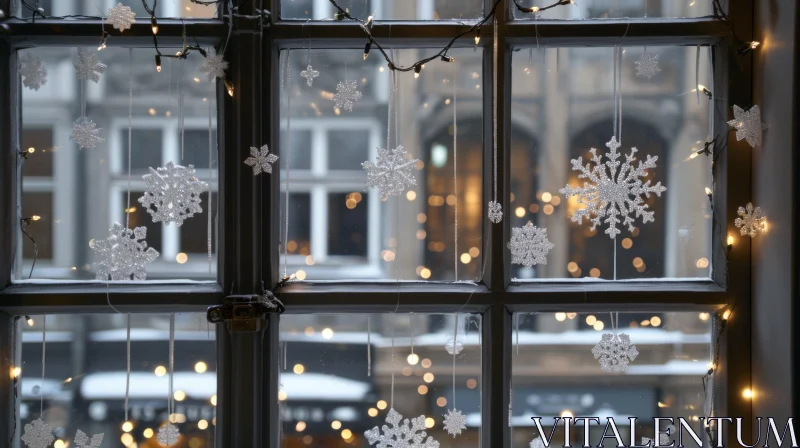 Enchanting Snowflake Window Decoration | City Street Background AI Image