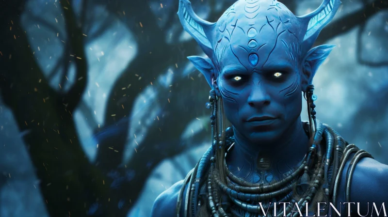 Enigmatic Blue-Skinned Humanoid Portrait in Forest Setting AI Image