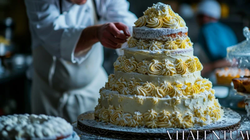Exquisite Wedding Cake Decoration by a White-Uniformed Chef AI Image
