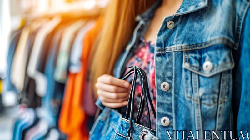 Fashion Shopping: Young Woman in Blue Denim Jacket with Handbag AI Image