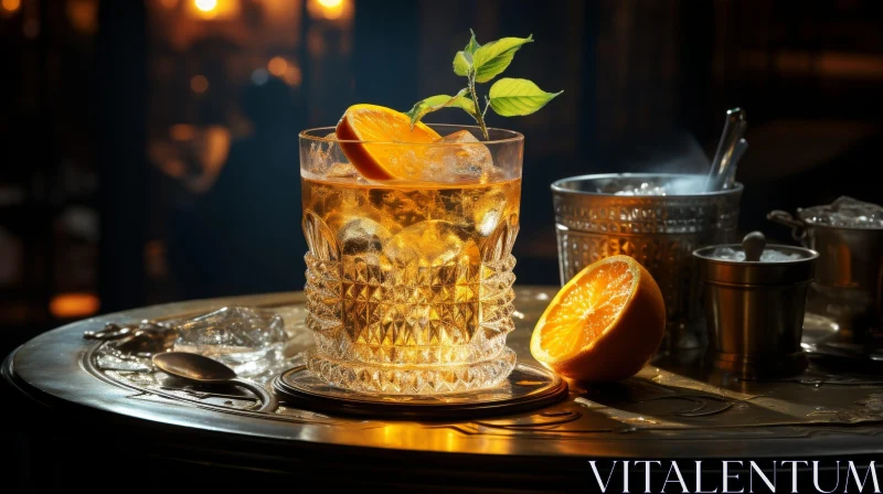 Glass of Whiskey with Orange Slice and Mint on Copper Tray AI Image