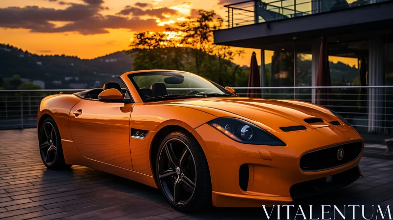 Luxury Sunset: Orange Jaguar F-Type Convertible at Dusk AI Image