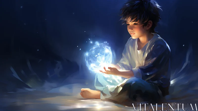 Magical Digital Painting of Boy in Dark Forest AI Image