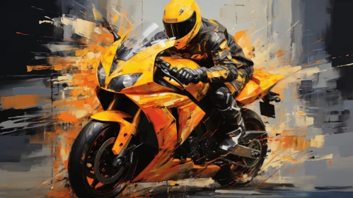 Man Riding Yellow Motorcycle Painting