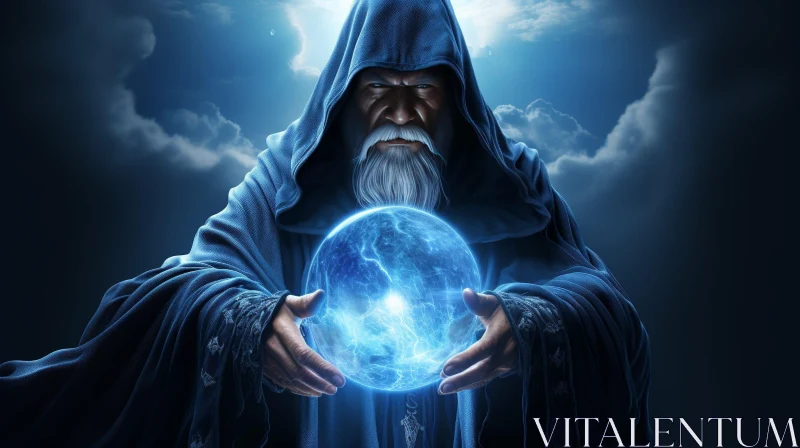 Mystical Wizard with Glowing Orb in Dark Stormy Scene AI Image