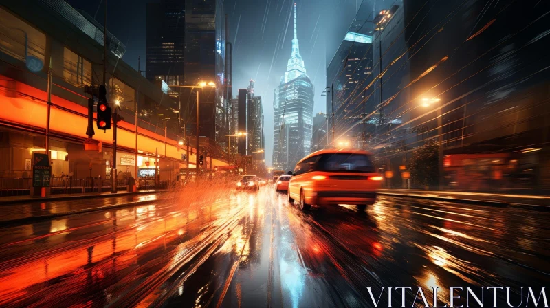 AI ART Night Cityscape in Rain with Reflective Streets