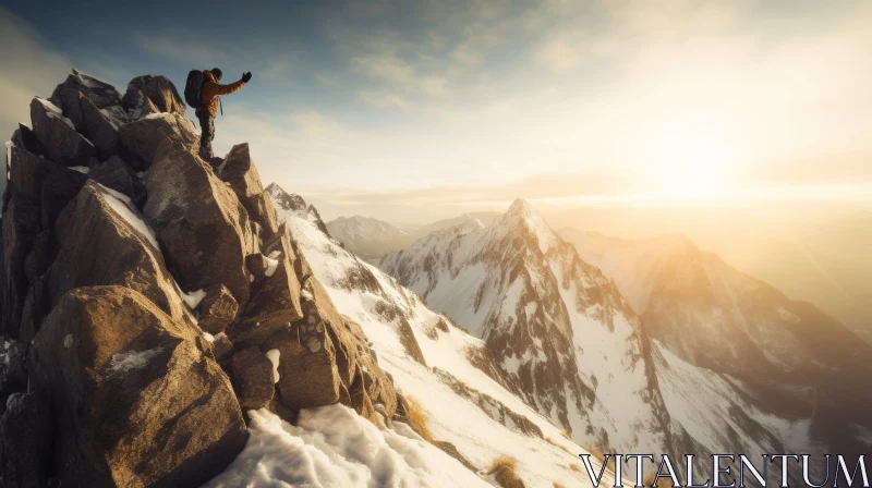Peak Triumph: Man on Snow-Capped Mountain AI Image