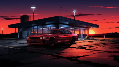 Red Car at Gas Station Sunset Painting