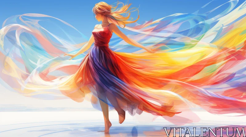 Serene Woman in Colorful Dress on Reflective Surface AI Image